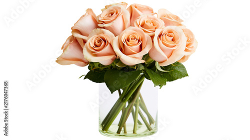 Bild auf Leinwand Peach roses bouquet in a clear glass vase, isolated on transparent background