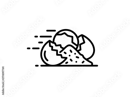 Broken egg shells with granular contents and motion lines suggesting a mess or action