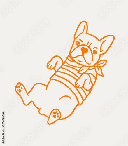 Hand Drawn Cute French Bulldog Wearing Striped Shirt and Scarf Illustration