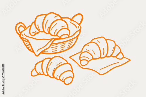 Hand Drawn Croissant Pastries in Basket and on Plate Illustration