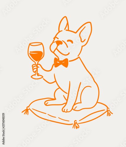Hand Drawn French Bulldog Holding a Wine Glass on Cushion Illustration