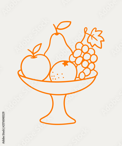 Hand Drawn Fresh Fruit Bowl with Pear, Apple, Grapes and Orange Illustration