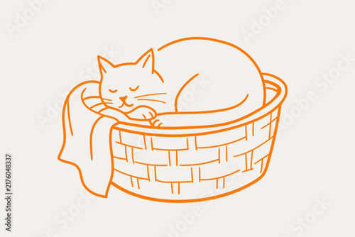 Hand Drawn Sleeping Cat Resting in a Woven Basket Illustration