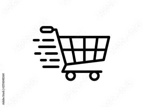 Shopping cart icon moving fast with motion lines conveying speed and efficiency during retail purchases