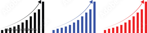 Three growing financial bar charts with upward pointing growth arrows