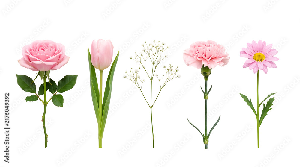 Obraz premium A collection of five different pink flowers including a rose, tulip, baby breath, carnation, and daisy isolated on a black background isolated on a transparent background
