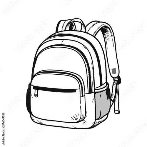 Black and white ink drawing of a traveler backpack featuring multiple storage compartments and shoulder straps for daily urban commuting or outdoor hiking adventures for students and busy