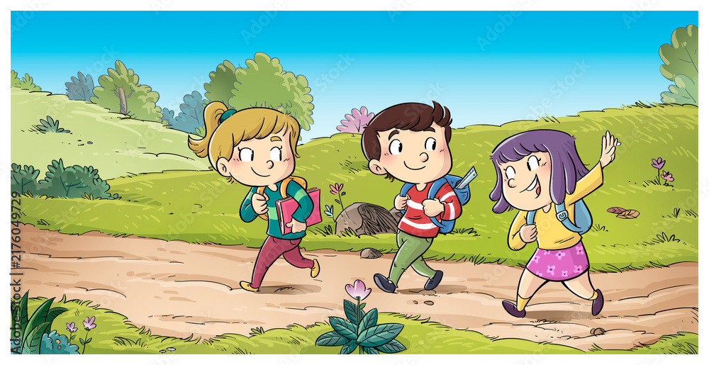 Obraz premium Scene of kids walking through the countryside, children's illustration