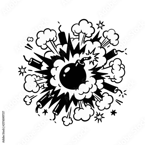 Comic Style Black And White Bomb Explosion Featuring Dynamic Smoke Clouds And Fragmented Shrapnel Elements Representing An Energetic Force Of Chaos Suitable For Expressive Visual Design Projects