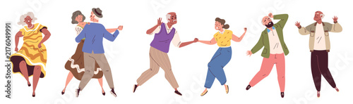 Old people dancing. Senior couple dance, elder dancer music party adult man happy elderly woman joy active fun together retired grandparent celebration classy vector illustration