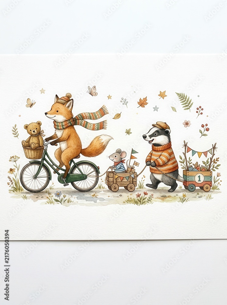 Fototapeta premium Whimsical Watercolor Illustration of a Fox on a Bicycle with Badger and Mouse Friends in an Autumn Forest Scene