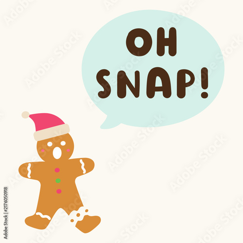 oh snap typography poster with cute gingerbread man character in santa hat and speech bubble flat vector illustration happy winter christmas mascot broken leg design