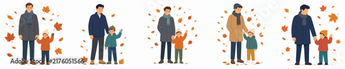 vector flat father and child standing together waving hands autumn falling leaves atmosphere, front view