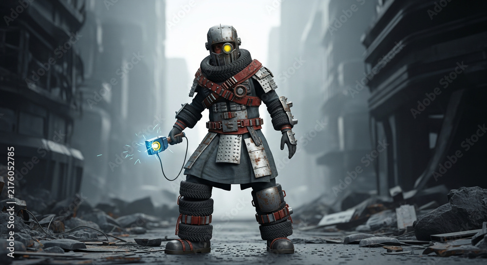 Naklejka premium Armored Figure in Post-Apocalyptic Cityscape Holding Glowing Device.