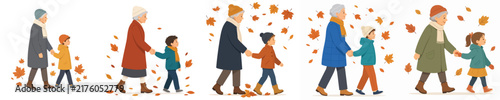 Flat vector illustration of a grandma and grandchild walking together amidst falling autumn leaves, side view