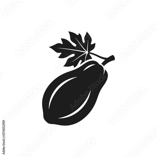 Minimalist papaya silhouette with a detailed leaf and clean stem on white background, concept for healthy tropical fruit representation, ideal for organic food packaging and branding.