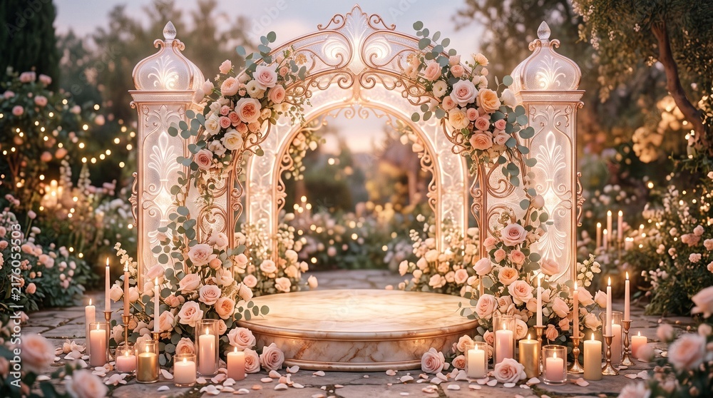 Obraz premium A beautifully styled outdoor wedding ceremony features a luxurious golden archway decorated with delicate flowers and warm ambient lighting within a lush garden