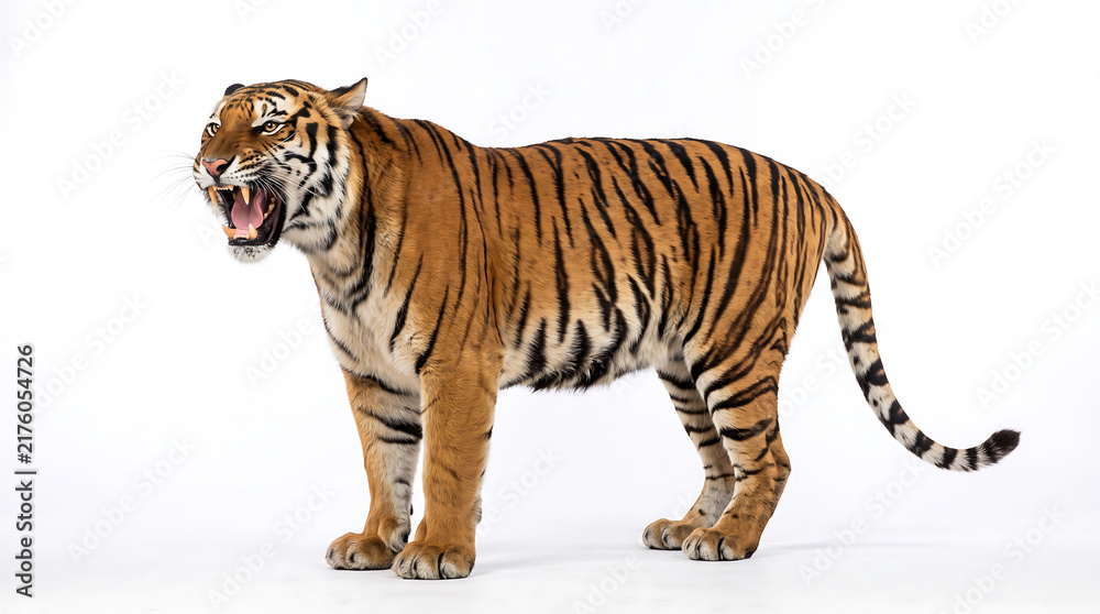 Obraz premium Adult Bengal tiger roaring naturally with its mouth open and teeth visible, shown in full body view and isolated on a clean white background.