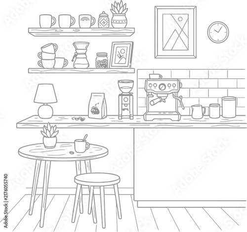 sketch of a room with a kitchen