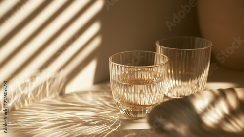 Sunlit glassware with striped shadows on a wooden table