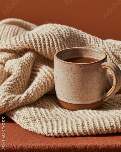 Ceramic tea cup with knitted blanket on terracotta surface