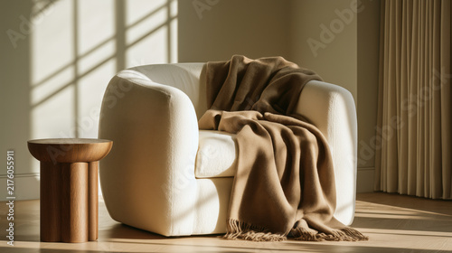 Cozy armchair with brown throw blanket in sunlit interior