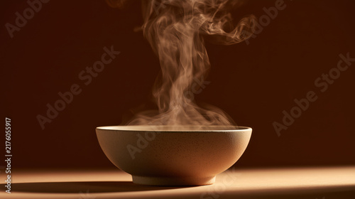 Steam rising from ceramic bowl on warm dark background