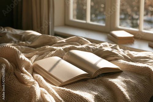 Open book on cozy bed in warm window sunlight