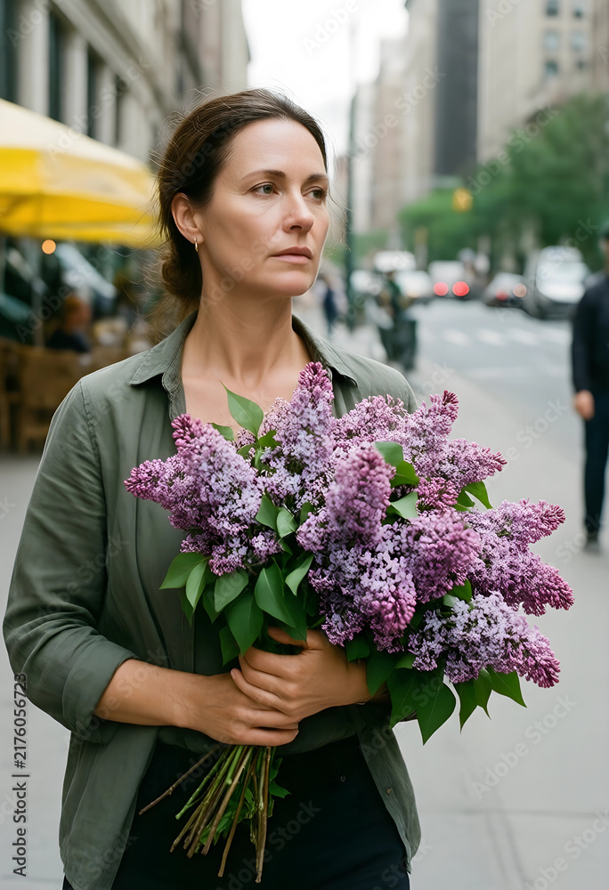 Fototapeta premium Mindfulness and self care, woman holding a bouquet of fresh purple lilacs walking on a city street during a quiet moment of reflection and calm
