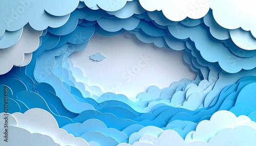 立体的なペーパーカット風の可愛い雲背景 水色と白の紙切り絵グラフィックコピースペース