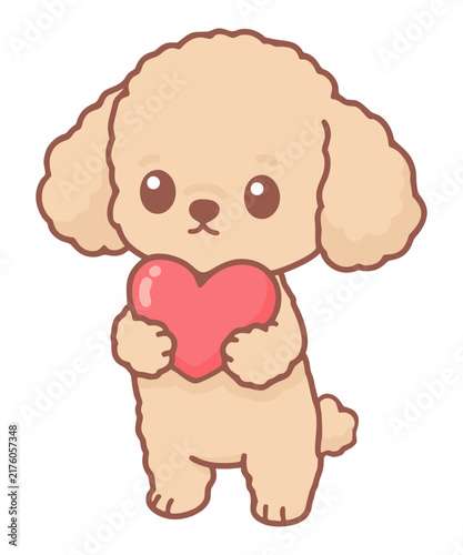 Foto Cute cartoon poodle puppy holding a red heart illustration
