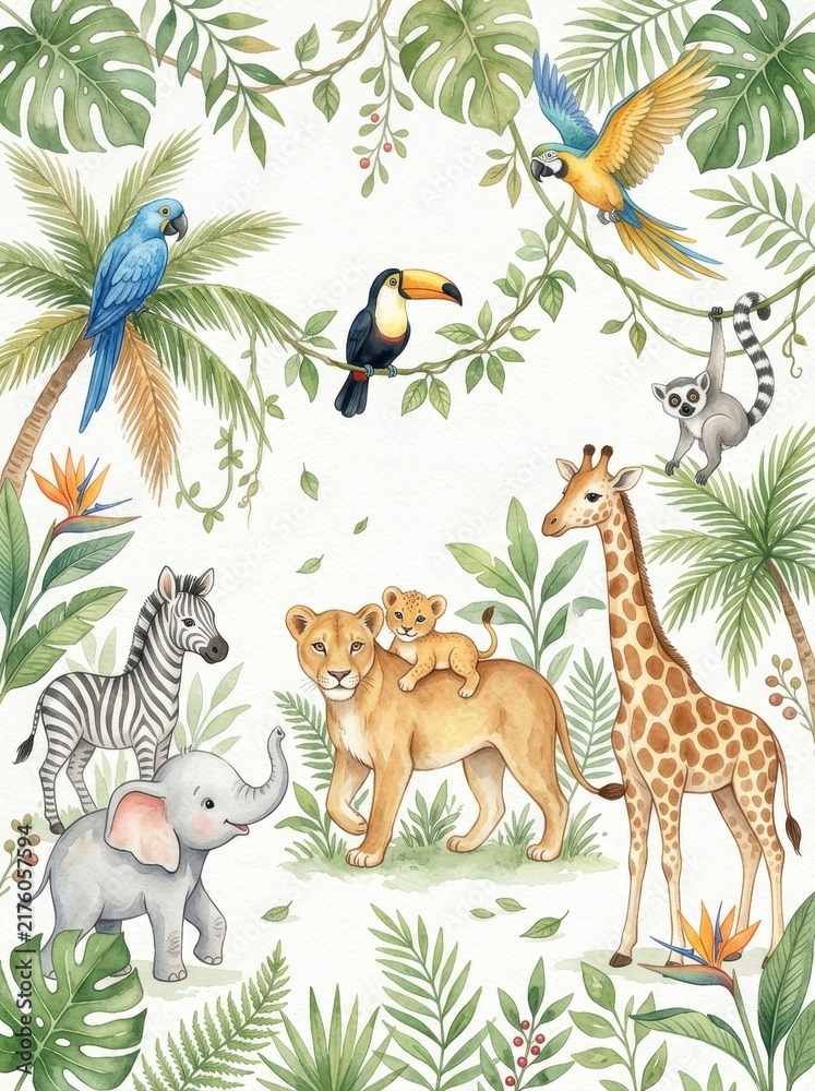 Fototapeta premium Watercolor Jungle Animals Illustration with Elephant, Lion, Giraffe, Zebra, and Tropical Birds for Nursery Decor