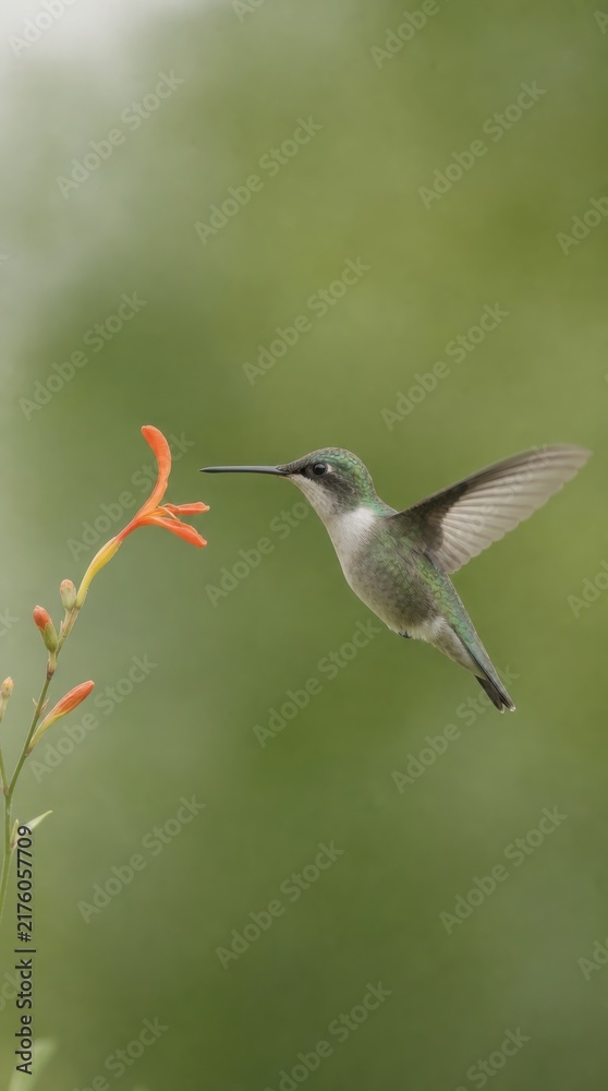Fototapeta premium A hummingbird hovers mid-air near an orange flower against a soft green background.