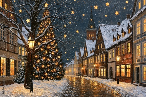Magical Winter Night in an Old European Town with Falling Snow and Golden Stars, Impressionist Oil Painting