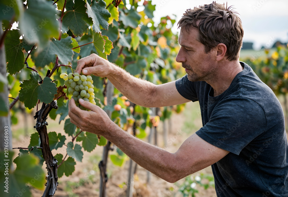 Obraz premium Sustainable viticulture and organic farming, farmer inspecting white grapes in a vineyard during harvest season for wine production and agricultural industry