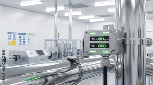 Industrial air quality monitor showing PM2.5 particle concentration with digital display in factory