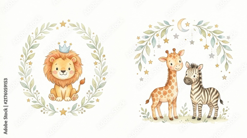 Obraz premium Cute Watercolor Safari Animals Set with Baby Lion, Giraffe, and Zebra for Nursery Decor and Baby Shower Invitations