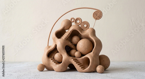 Abstract surreal clay sculpture with internal stairs and spheres, organic shapes on neutral background