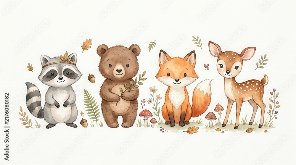 Fototapeta premium Cute Watercolor Woodland Animals Collection with Raccoon Bear Fox and Deer Fawn for Nursery Decor and Children Illustration