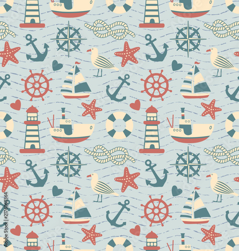 Seamless nautical pattern with anchors, seagulls, sailboats, lighthouses, steering wheels, lifebuoys,
sea ropes and starfishes.Background in a cartoon style with simple, minimalistic shapes. 