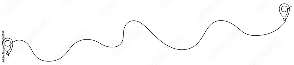 Obraz premium Line pin marks destination. Navigation locator icon with continuous winding route path. Vector illustration isolated on white.