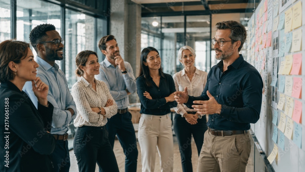 Obraz premium Diverse Business Team Collaborating in Modern Office, Teamwork, Leadership and Creative Strategy