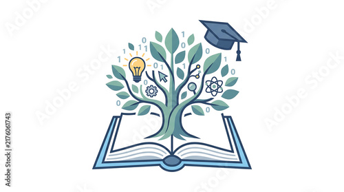 Knowledge tree growing from open book vector illustration with education icons, graduation cap, and lightbulb representing learning and science