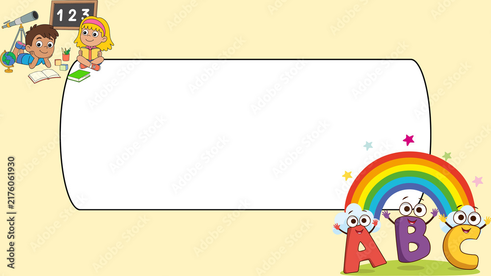 Naklejka premium Educational cartoon background with blank white frame, cute school children with rainbow and ABC letters, preschool learning border