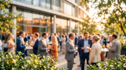 Blurry group of business people networking at an outdoor corporate event during sunset with warm golden light and lush green foliage in the foreground for professional use