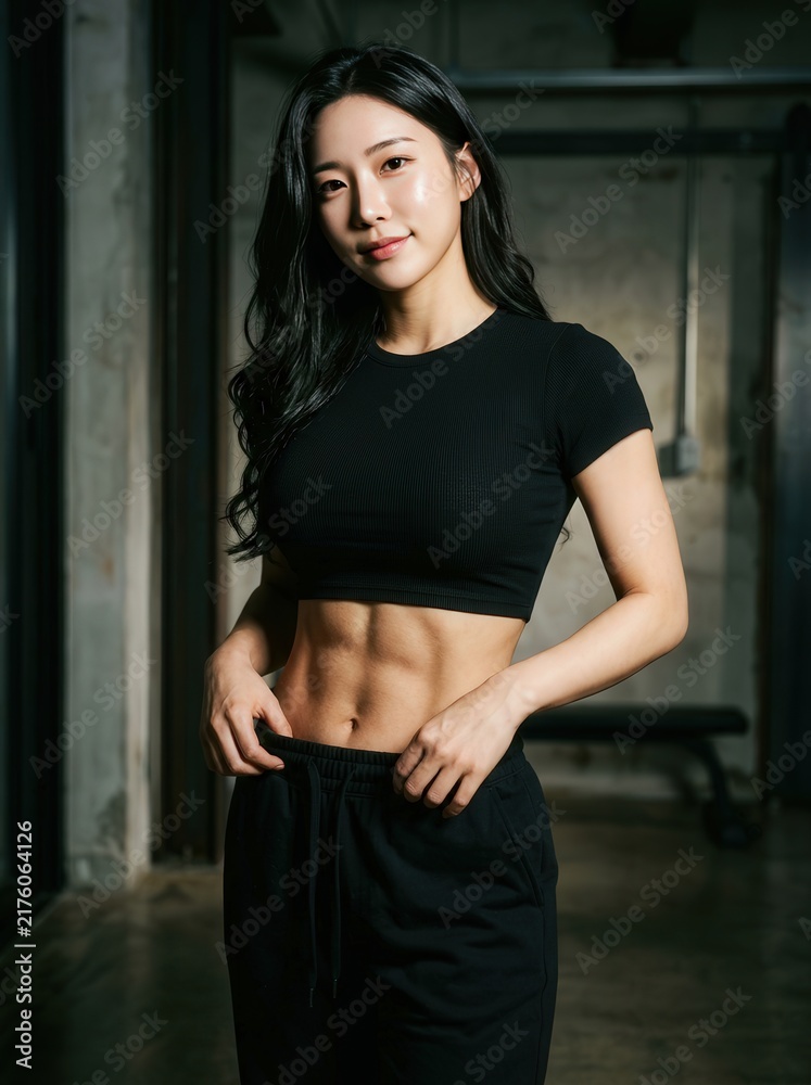 Fototapeta premium Fit Asian woman showing her toned abs in black workout clothes at a gym