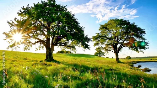 Idyllic Nature Scene Sunlit Trees on a Grassy Hillside Beside a Tranquil Lake.