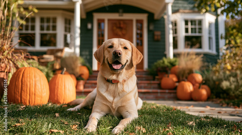 Cute dog on the lawn in front of the house, the house is decorated with pumpkins  
