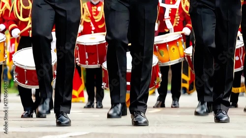 Marching Band Parade with Drummers and Musicians in Synchronized Steps.