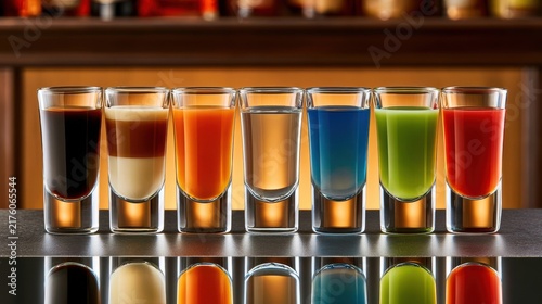 Row of six shot glasses with colorful liquids on bar counter